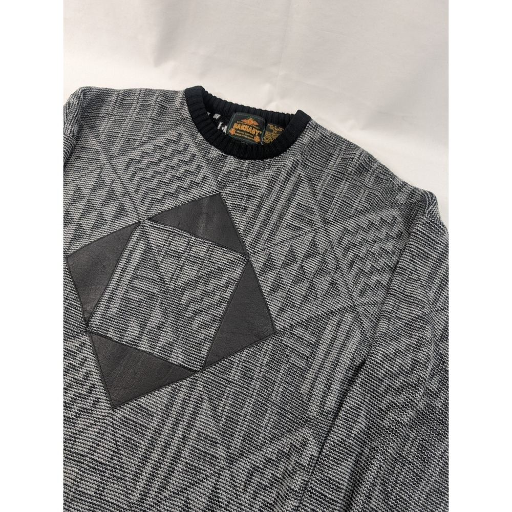 Vintage Barnaby Abstract Grandpa Sweater XXL Big Man Crewneck  Leather Trim